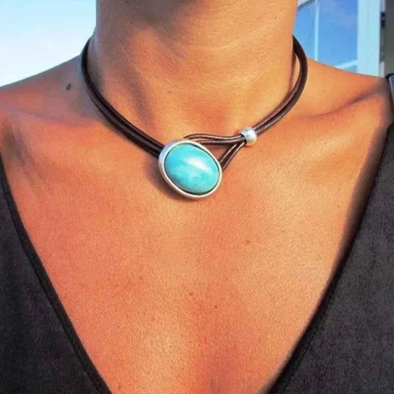 Bohemian Vintage Oval Stone Leather Necklace