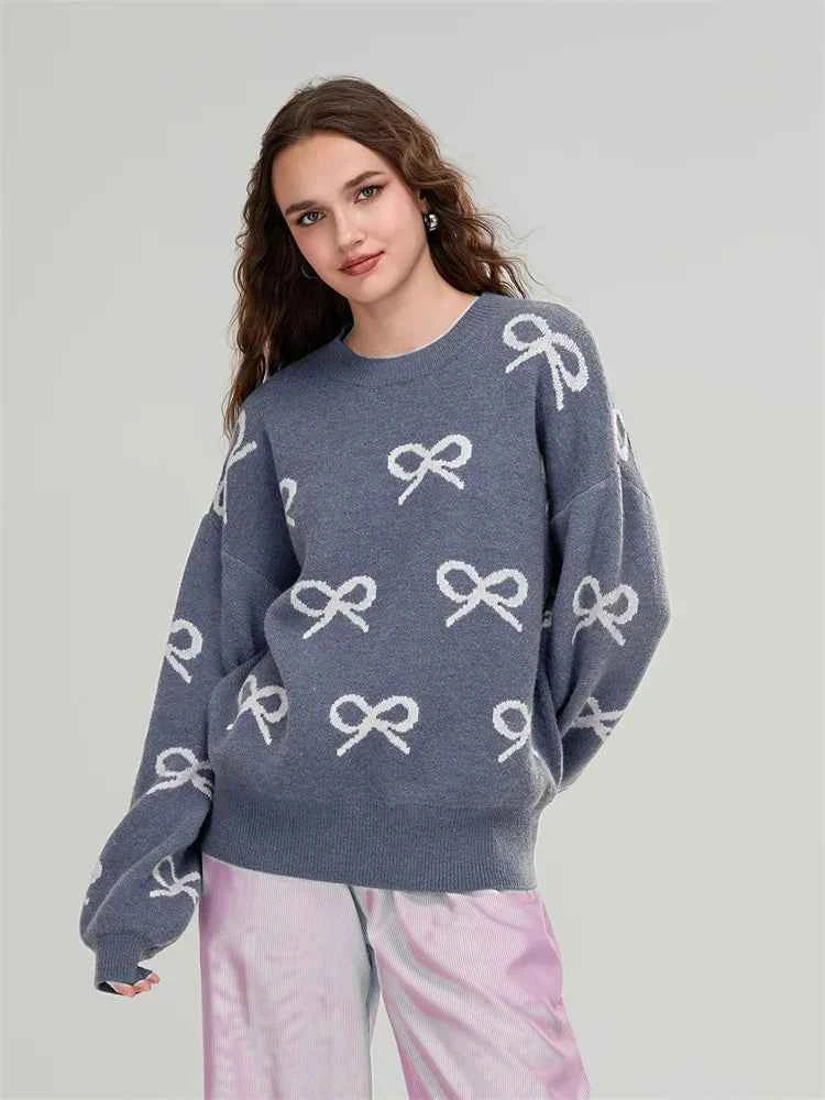 Cozy Chill Season Bow Print Long Sleeve Sweater