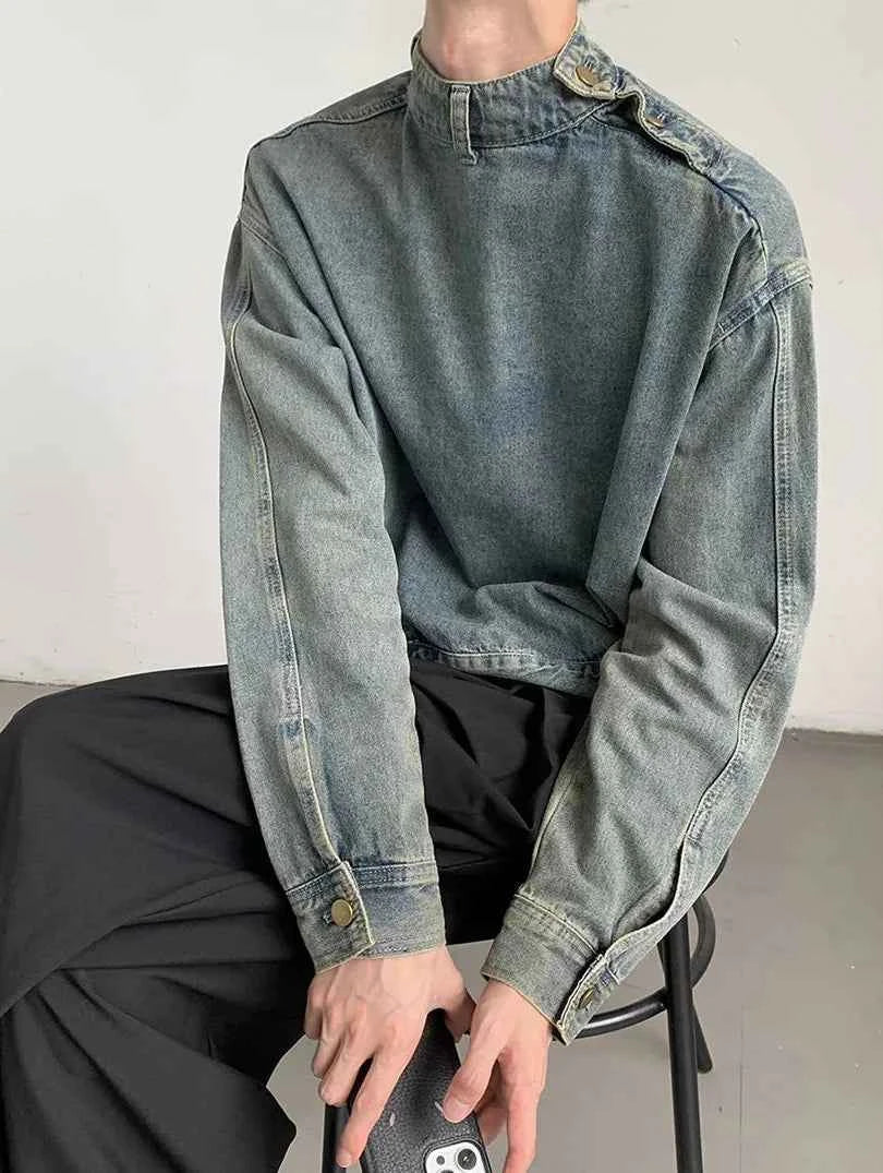 Y2K Washed Buckle Collar Motorcycle Denim Jacket