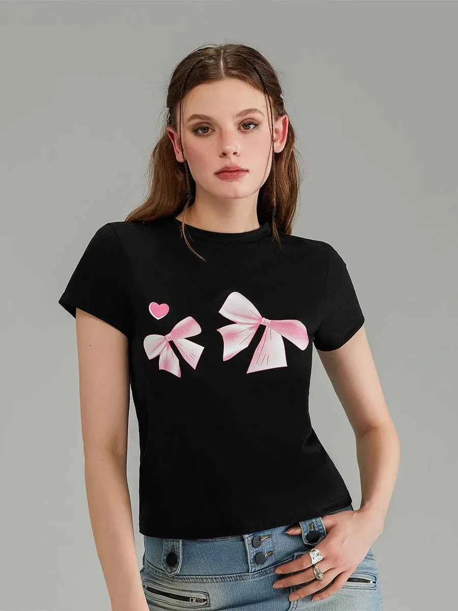 Soft Touch Bow Print Slim Fit Short T-Shirt