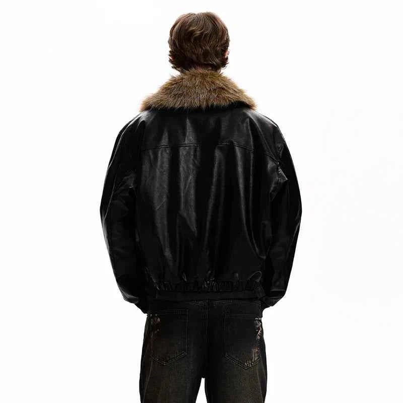 Luxury Faux Fur Lapel Leather Padded Jacket