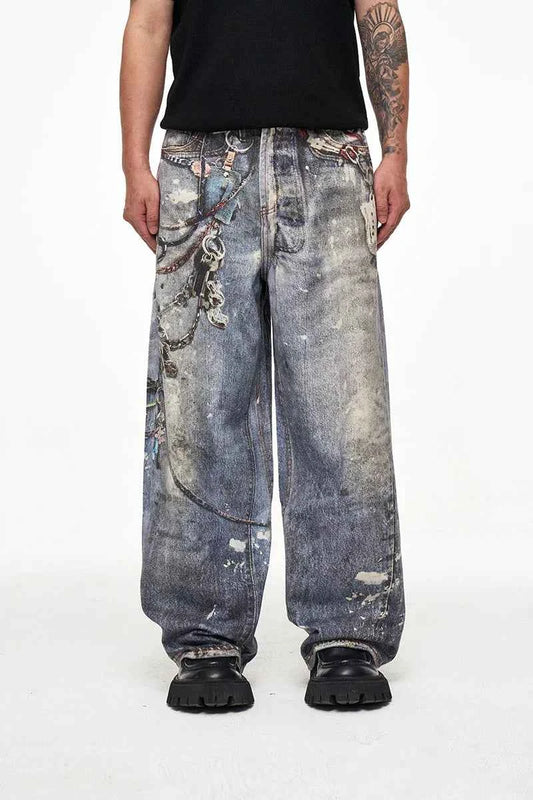 Elevated Luxury Loose Fit Digital Graffiti Jeans