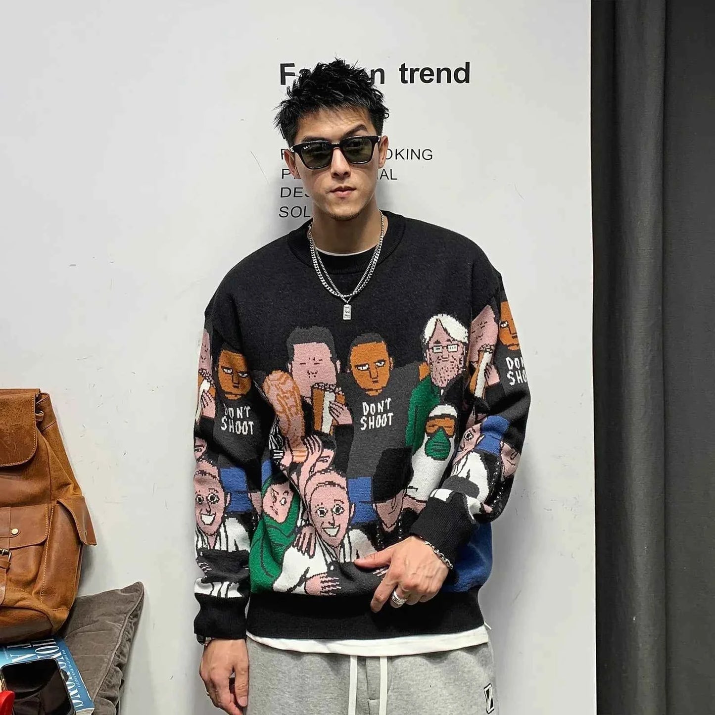Cozy Patchwork Rabbit O Neck Sweater