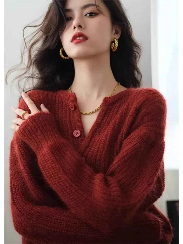 Women Cool Retro Red Knitted Cardigan