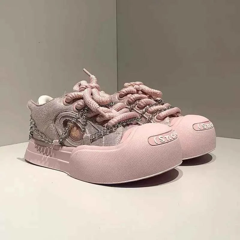 Women Pink Chain Smiling Canvas Sneaker