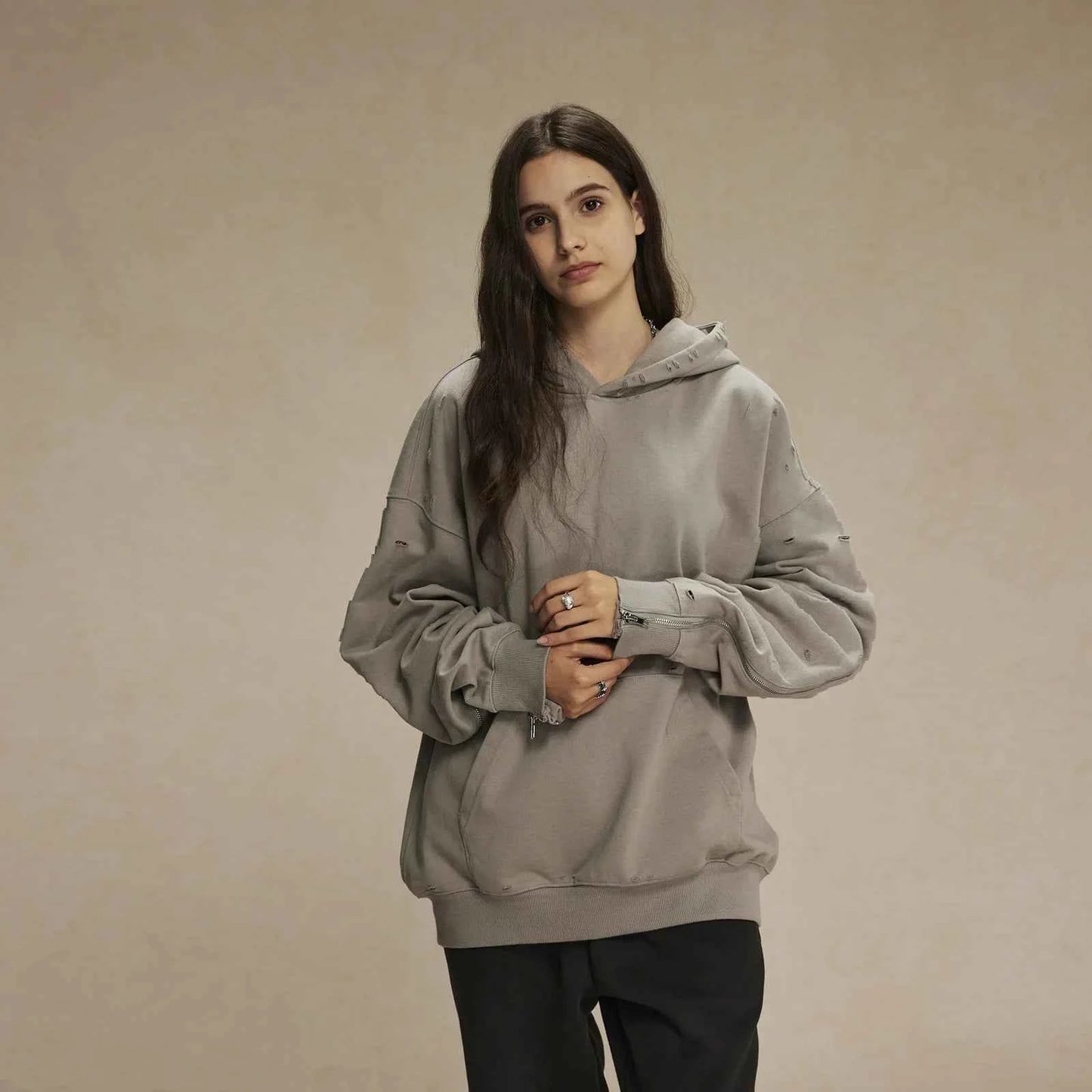 Frayed Woolen Zip-Up Hoodie Sweatshirt
