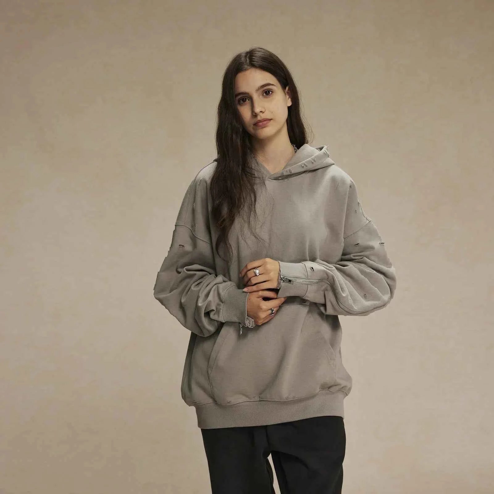 Frayed Woolen Zip-Up Hoodie Sweatshirt