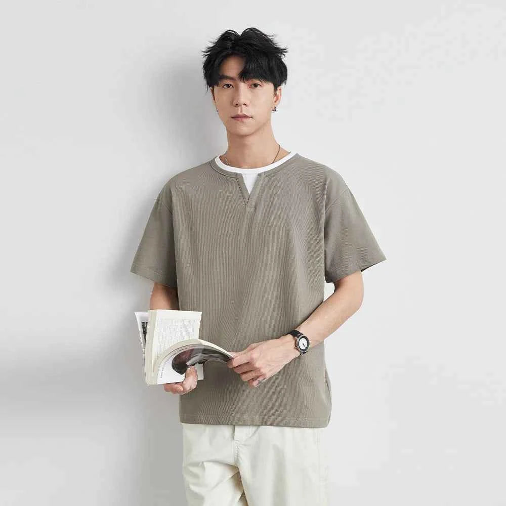 Korean Style Solid Color Loose Fit V-Neck T-Shirt