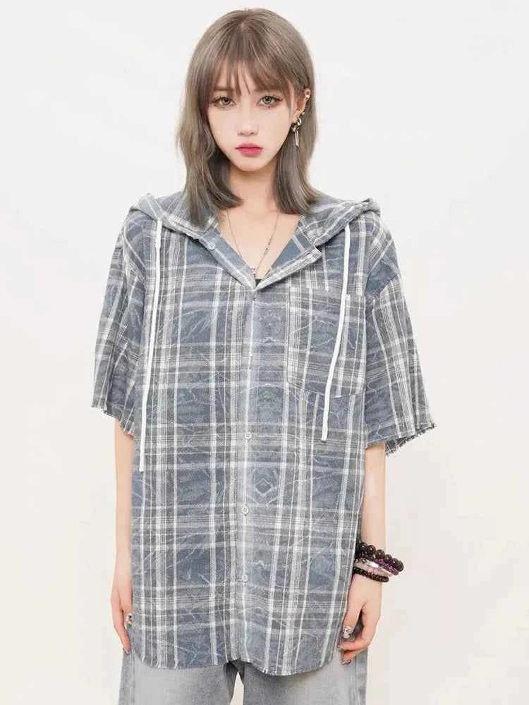 Women Hip Hop Retro Plaid Loose Hooded Blouse Shirt