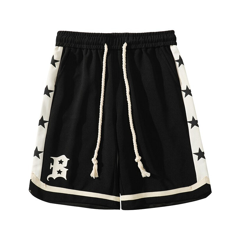 B Letter Drawstring Stars Patchwork Shorts