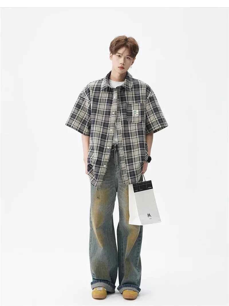 Men's Cool Plaid Short Sleeve Pocket Vintage Shirt