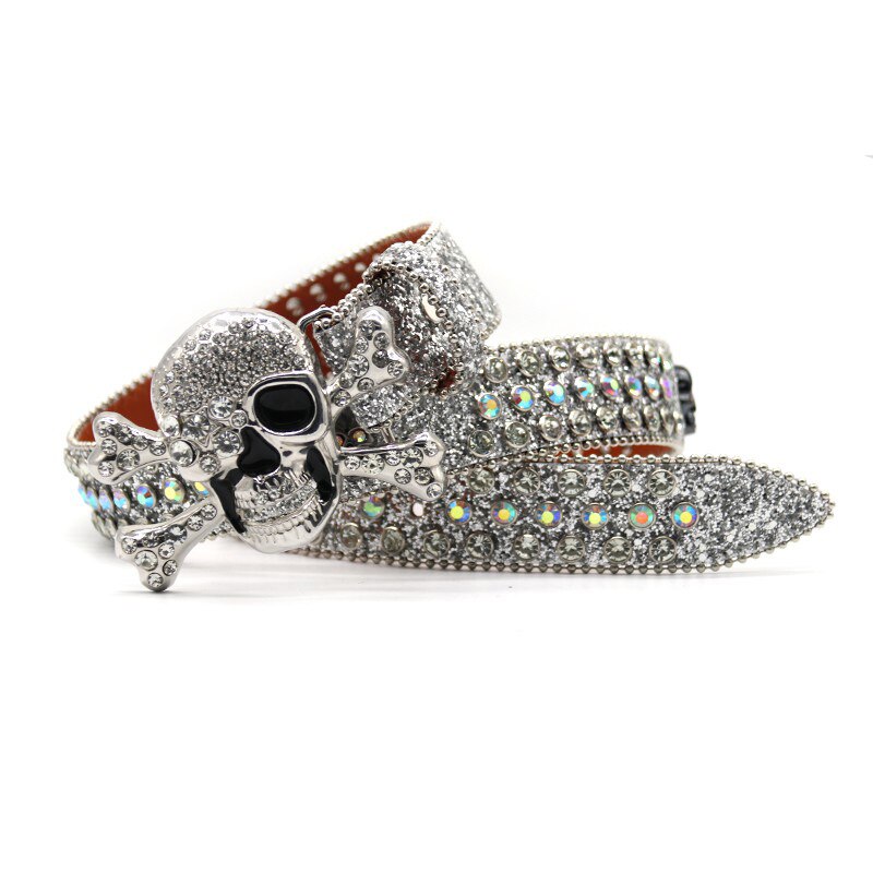 Skull Emblem Rhinestone Slim Belt - Y2K Grunge Aesthetic | LuxuryUrbanwear