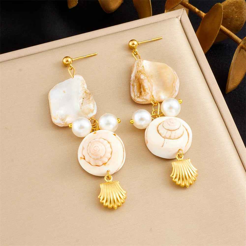 Irregular Stone Conch Pearl Earrings