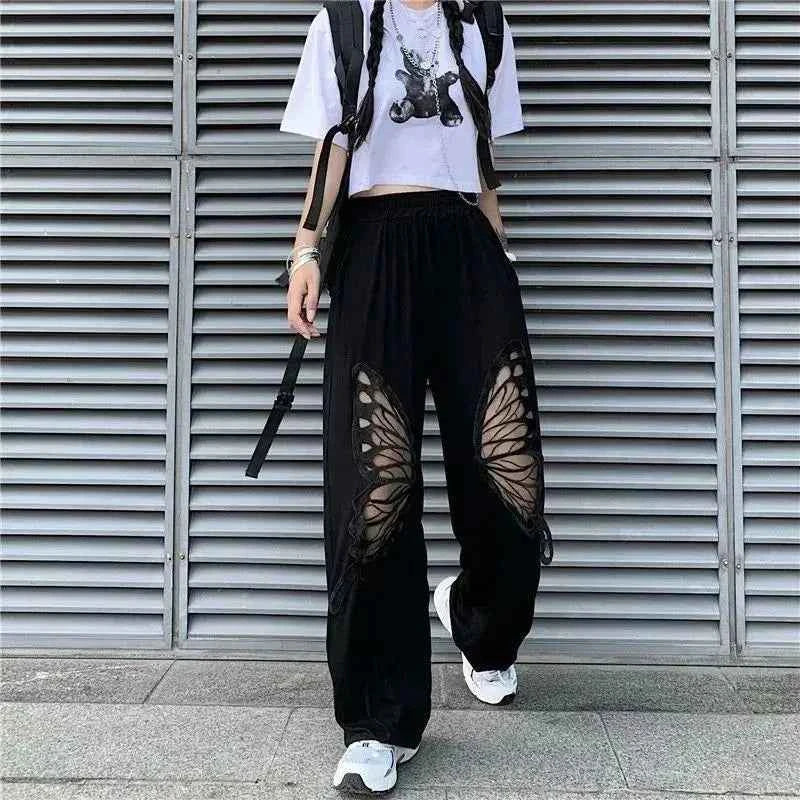 Black Butterfly Embroidery Pattern Loose Pants