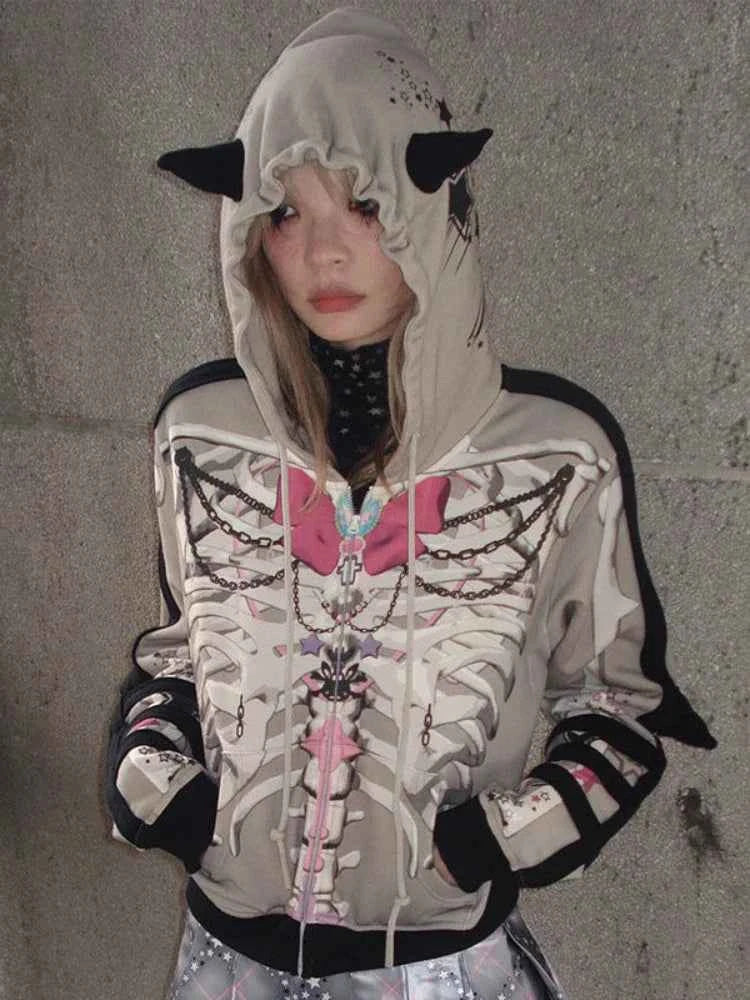 Women Gothing Punk Skull Bow Print Thick Sweatshirt