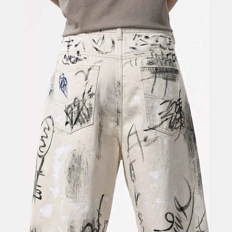 Streetwear American Graffiti Ripped Loose Wide Leg Jeans