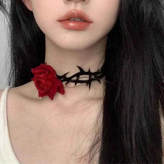 Gothic Black Rose Thorns Pendant Necklace