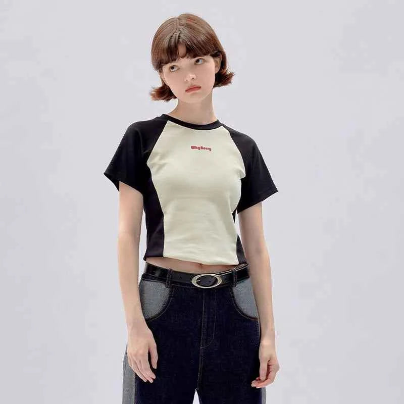 Streetwear Retro Vintage Korean Style Slim Patchwork T-Shirt