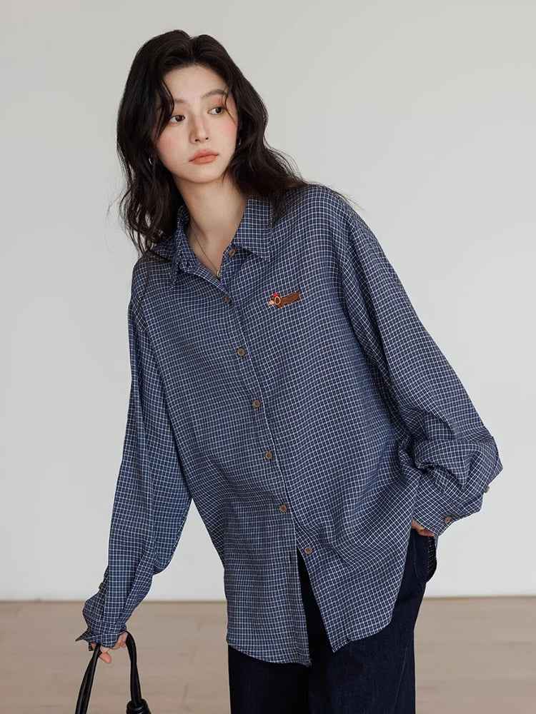 Oversize Vintage Plaid Japanes Style Blouse Shirt