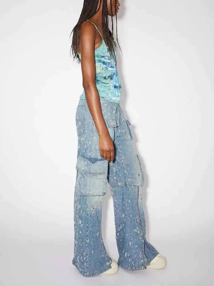Midnight High Waist Patchwork Denim Cargo Jeans