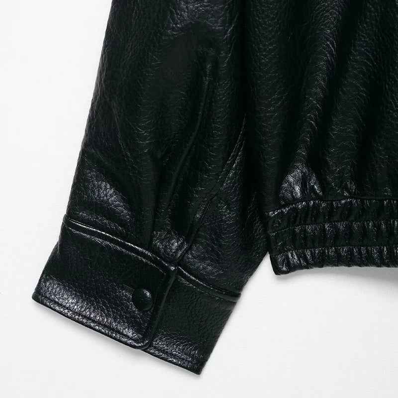 Versatile Plush Black PU Leather Zipper Jacket
