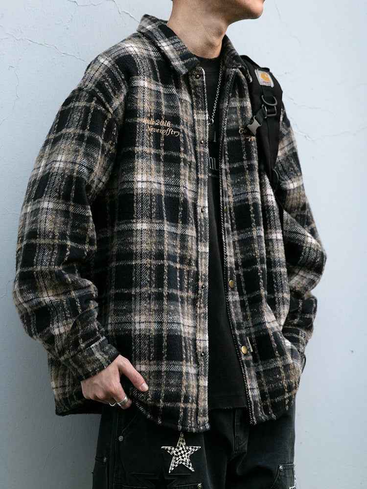 Plaid Woolen Embroidered Casual Shirt