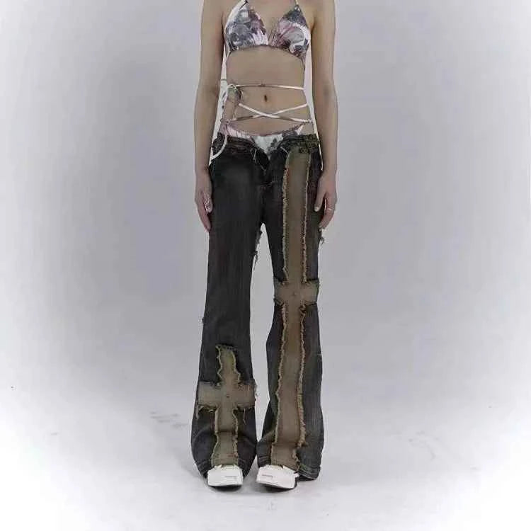 Gothing Patchwork Cross Design High Waist Jeans