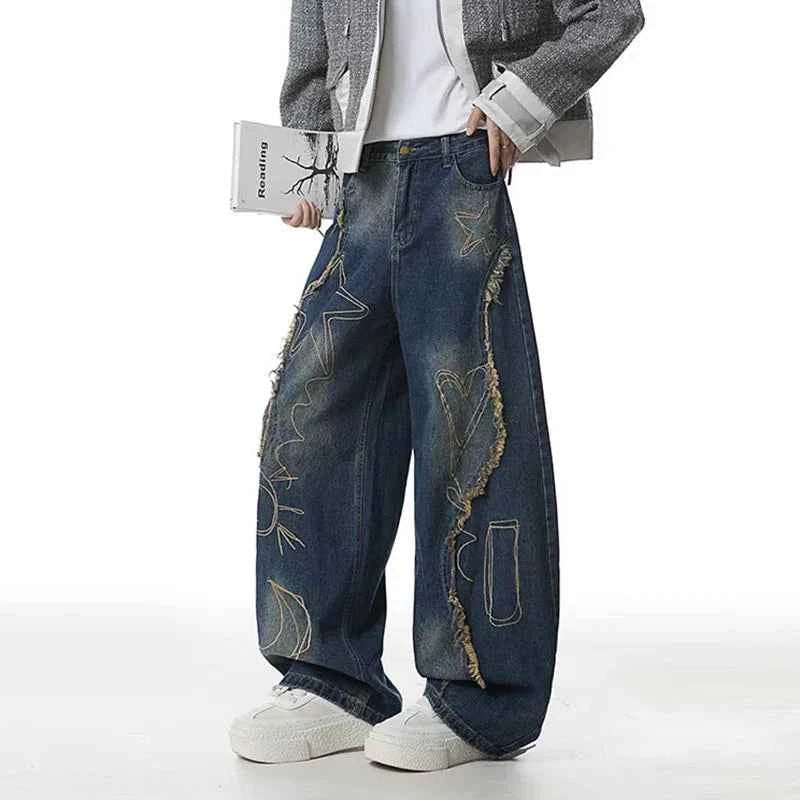 Raw Edge Printing Contrast Color Wide Leg Jeans