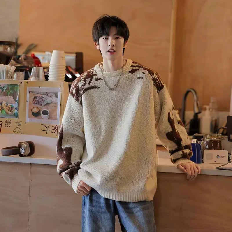 Men Retro Contrast Color Korean Style Sweater