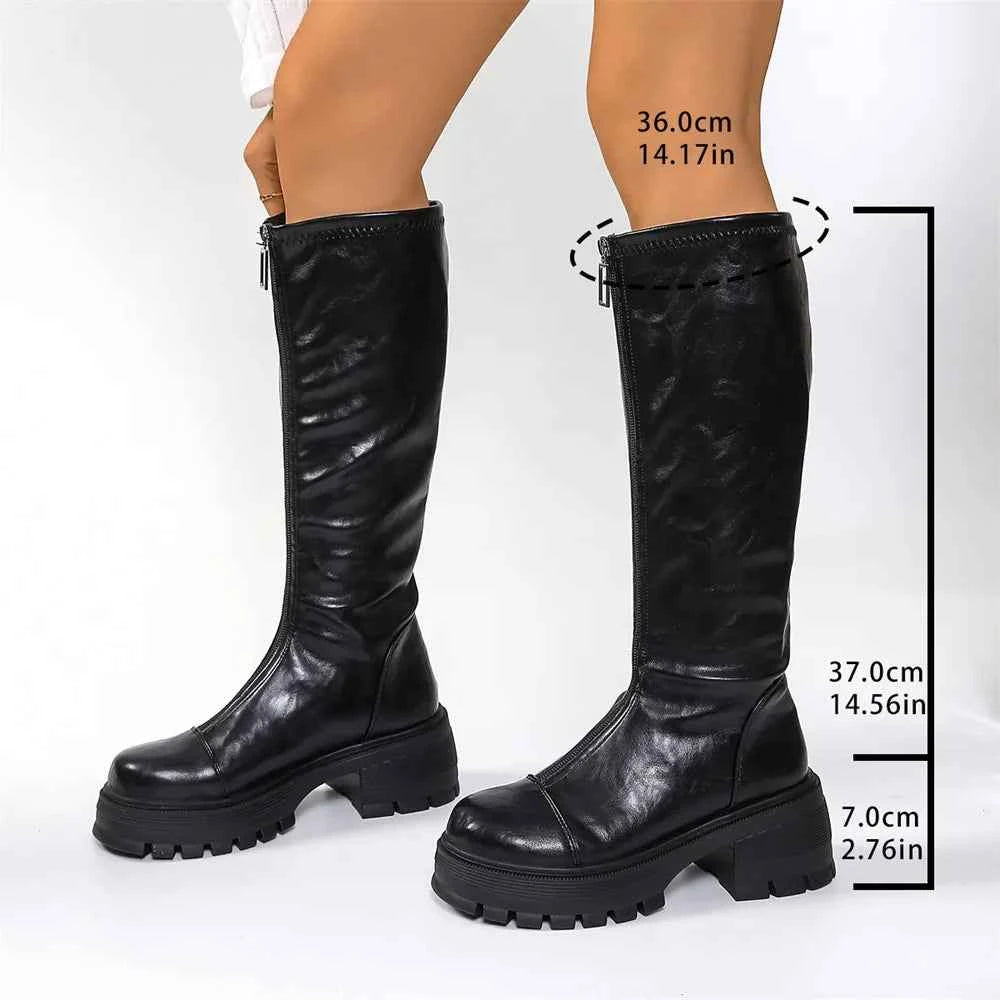 Gothic Front Zipper Knee High Leather Boots