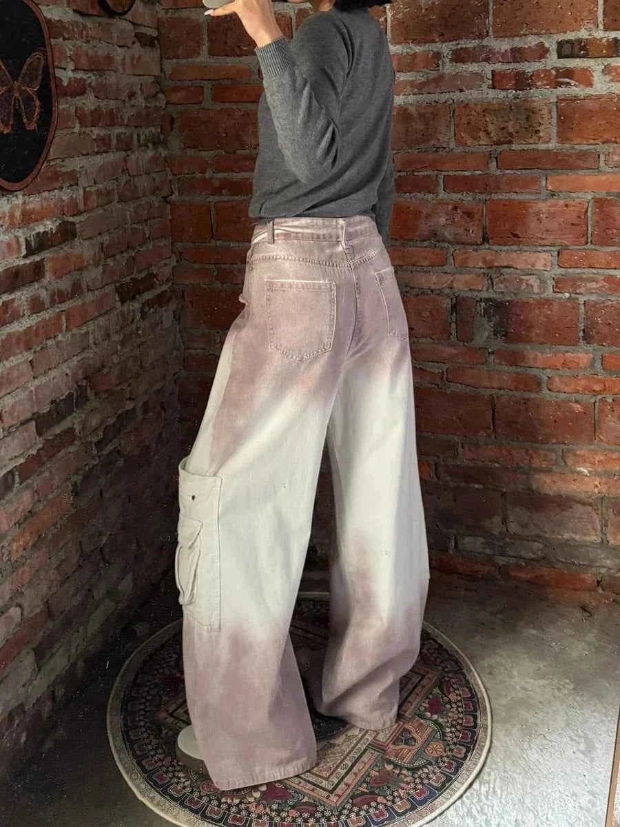 Durable High Waist Raw Edge Wide Leg Cargo Jeans