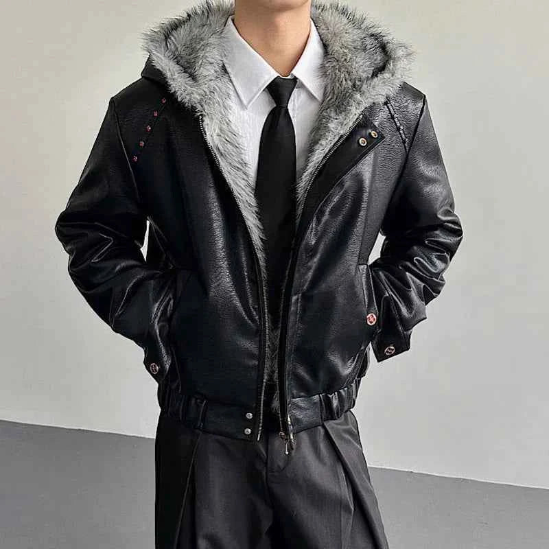Soft Patchwork Hooded Faux Fur Leather Jacket