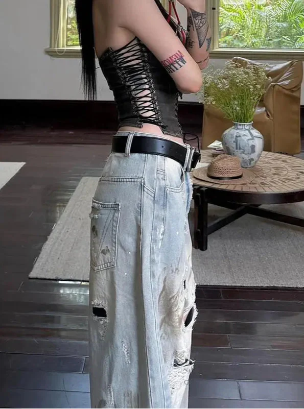 Y2K Streetwear Vintage Blue Boyfriend Ripped Jeans - Luxuryurbanwear