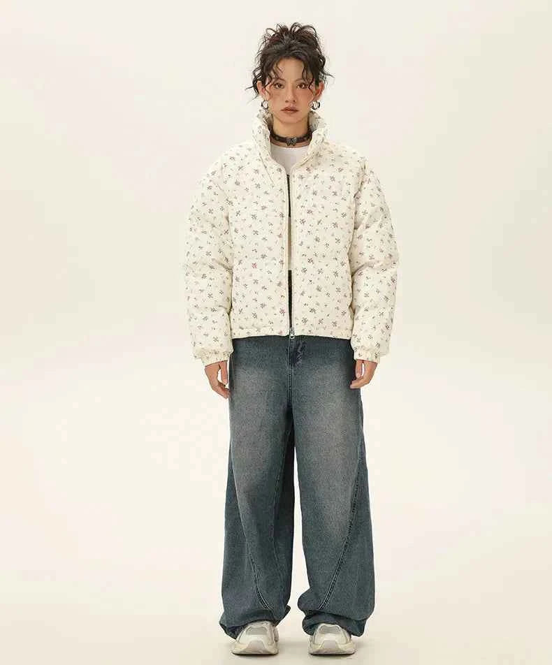 Floral Stand-Up Collar Thickened Puffer Jacket