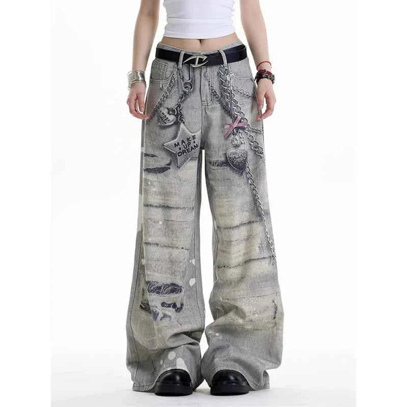 Essential Streetwear Gothic Graffiti Print Boyfriend Jeans