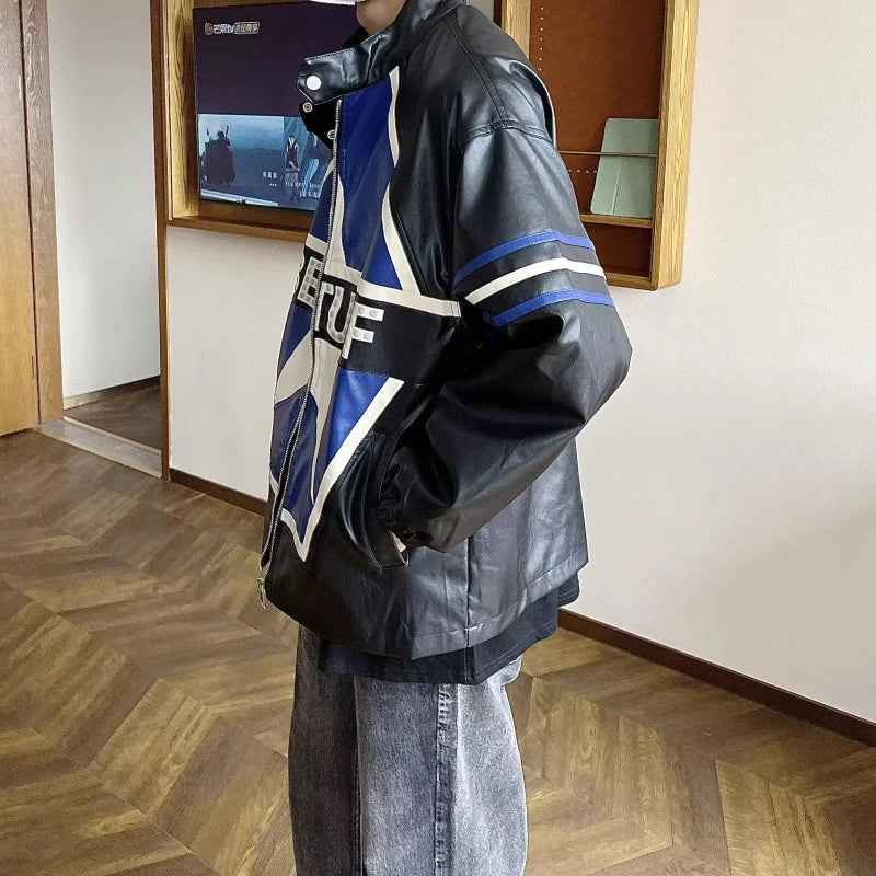 Trendy Vintage Racing Leather Zipper Jacket