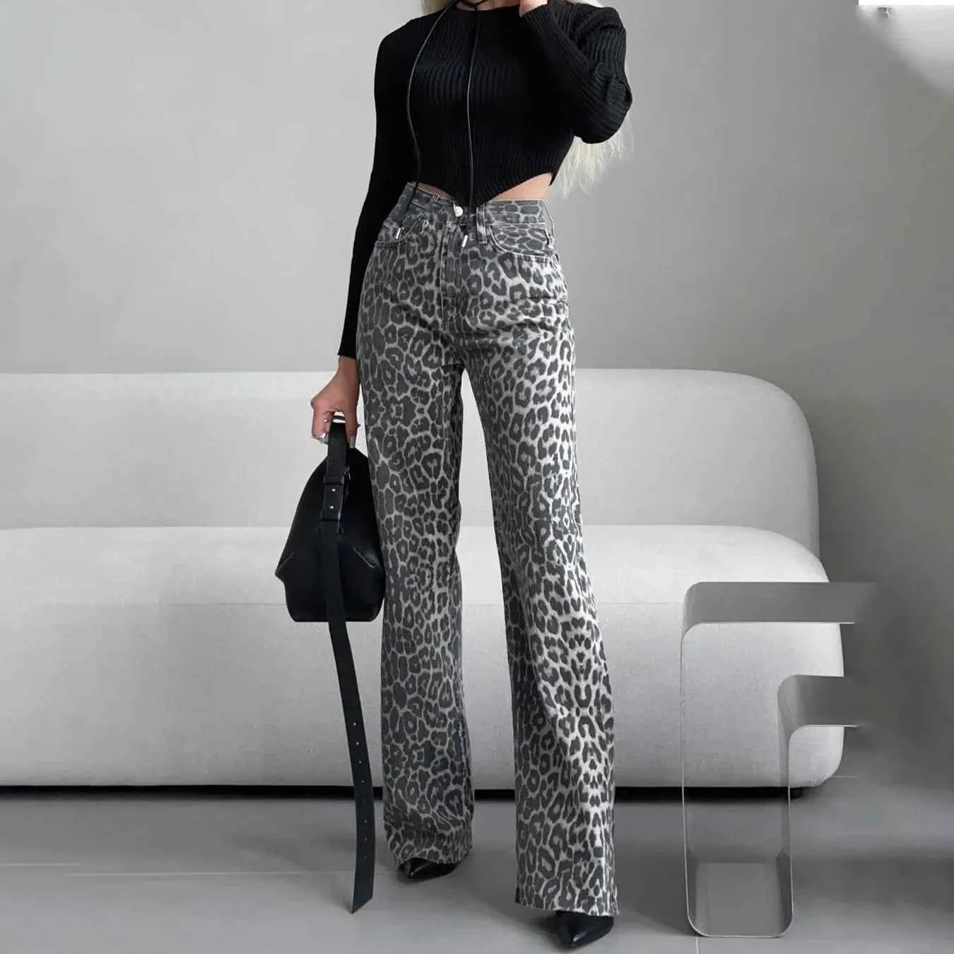 Leopard High Waist Straight Jeans