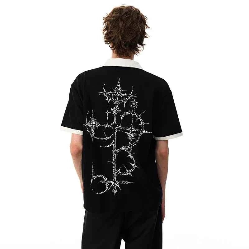 Stylish Color Contrast Splicing Printed Polo T-Shirt