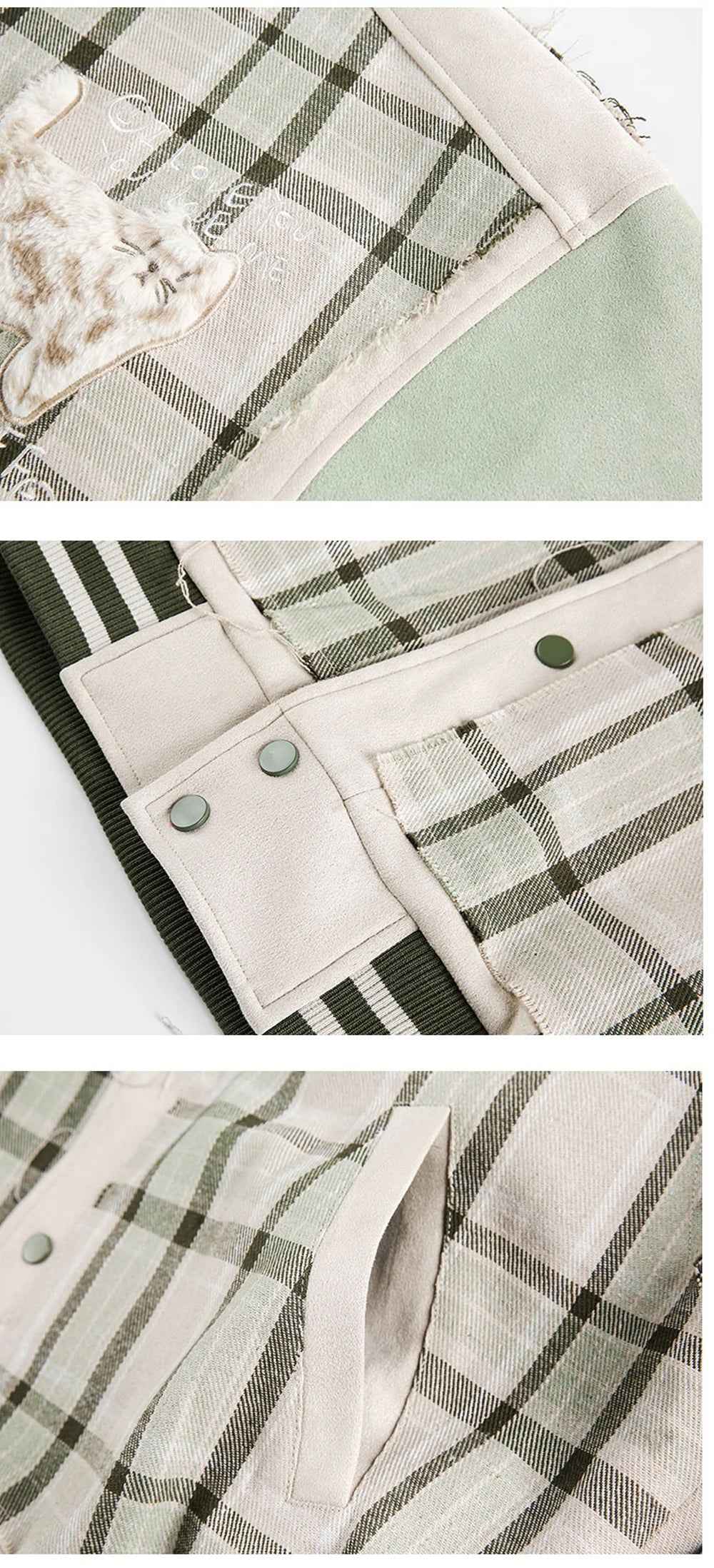 Trendy Embroidered Patchwork Plaid Varsity Jacket