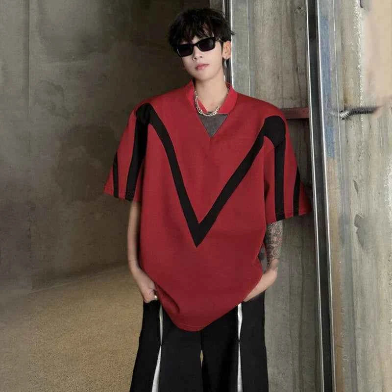 Vibrant Color Contrast Loose V-Neck T-Shirt