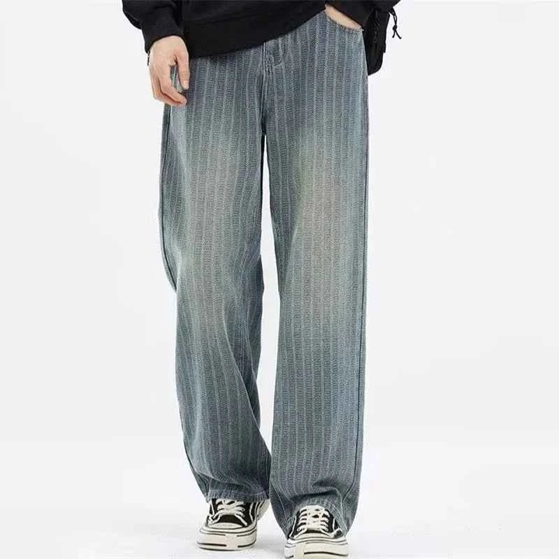Vintage Blue Striped Autumn Wide Leg Denim Jeans