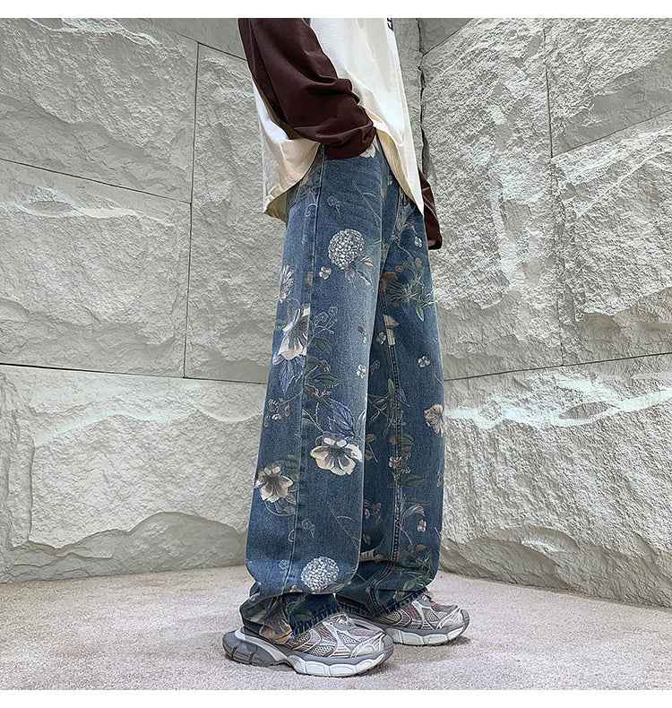 Cool Trendy Floral Printed Loose Fit Denim Jeans