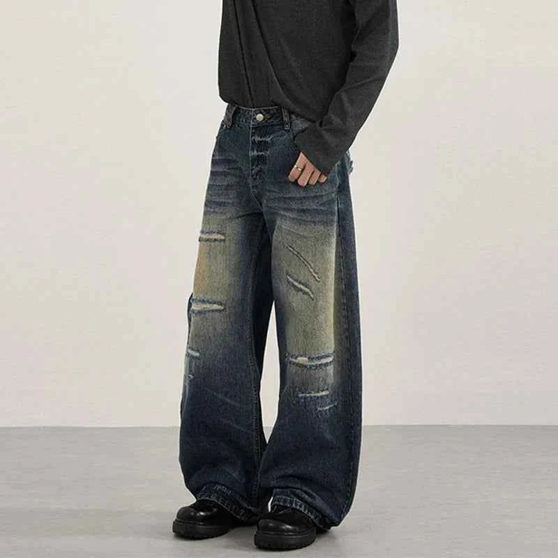 Patchwork Distressed Wide Leg Washing Denim Jeans