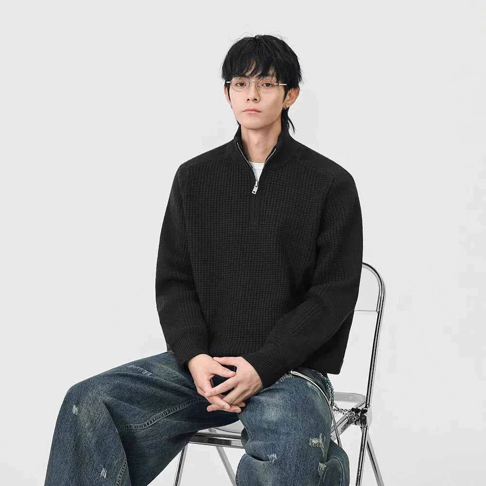 Cozy Mock Neck Half Zipper Waffle Knit Sweater
