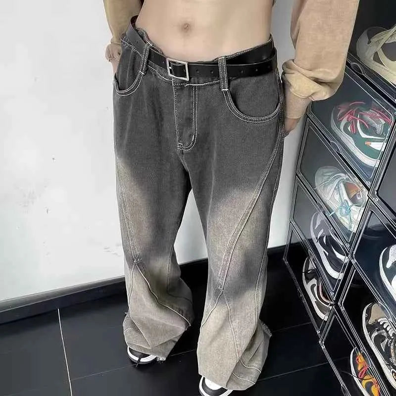 Streetwear Vintage Gray Wide Leg Flare Jeans