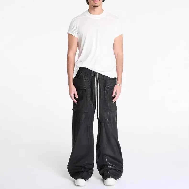 Streetwear Wide Leg Workwear Leather Cargo Pants