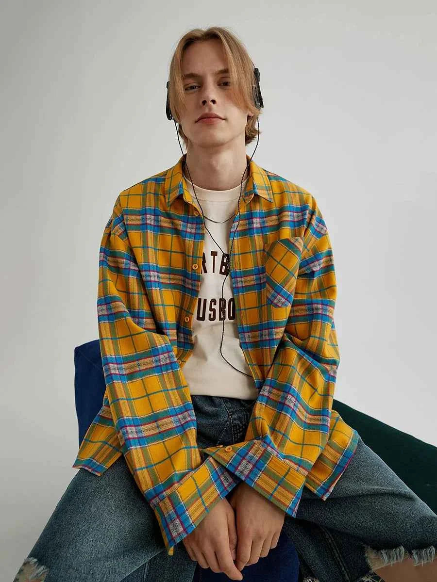 Reddachic Tartan Plaid Contrast Lapel Shirt