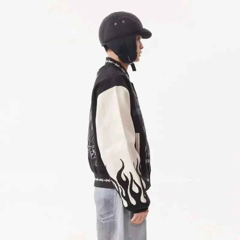 Flame Mixed Knit Embroidery Colorblock Jacket