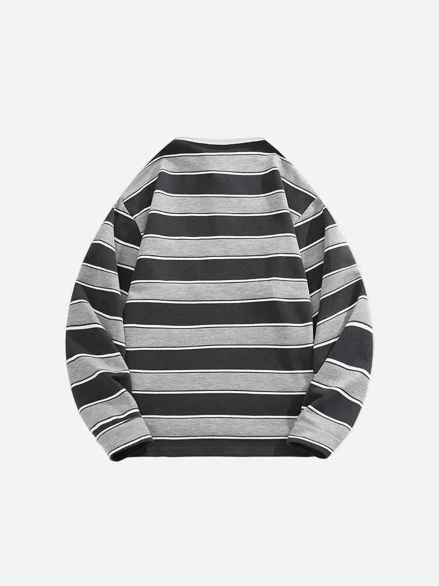Contrasting Patchwork Striped Polo Long Sleeve T-Shirt