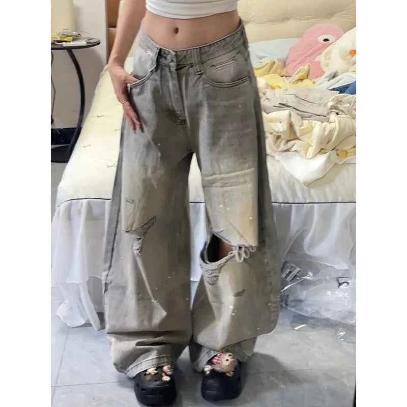 Streetwear Casual Vintage Grey High Waist Wide Jeans